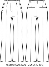 Flared Trousers Technical Drawing – Front and Back Views with Pleats, Pockets, and Seam Details on Plain White Background