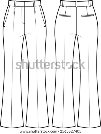 Flared Trousers Technical Drawing – Front and Back Views with Pleats, Pockets, and Seam Details on Plain White Background