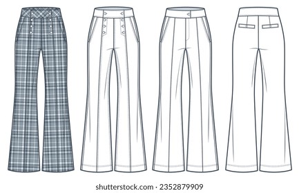 Ilustración técnica de moda Flared Trousers. Plaid Pants diseña una plantilla de dibujo técnico plano, flarroja abajo, cierre de botones, frente, retrovista, blanco, gris, mujeres, hombres, conjunto de simulación CAD unisex. 