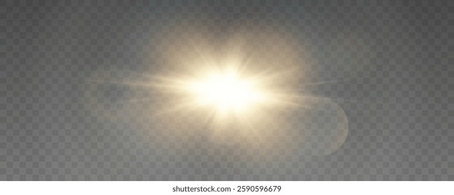 Flares with highlights of golden color, bright beautiful sun, set of suns, vector png.