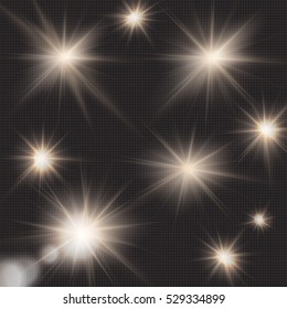 flares, rays, sun burst, light effects under clipping mask on dark, vector illustration