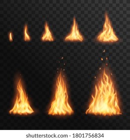 Flaring up fire stages, Vector burning campfire blaze effect for animation. Realistic 3d torch flame, glow orange and yellow bonfire shining flare design elements isolated on transparent background