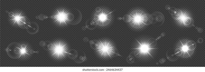 Flaring sun blast spot effects realistic vector illustration set. Sunrays glowing lights. White sparks 3d elements on transparent background