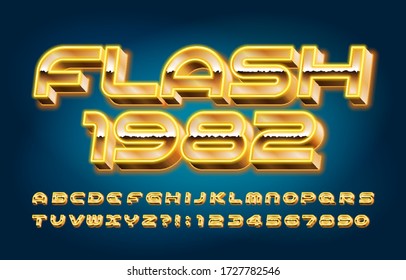 Flash 1982 alphabet font. 3D neon letters, numbers and symbols in 80s style. Retro-futuristic vector typescript for your typography design.
