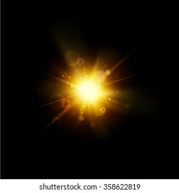 Flash abstract background. Orange glow spark over night sky. Vector illustration.