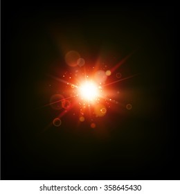 Flash abstract background. Red glow spark over night sky. Vector illustration.
