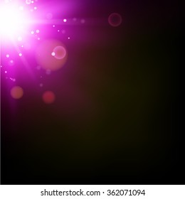 Flash abstract background. Abstract shining. Space futuristic purple background. Sun with lens flare. Vector illustration.