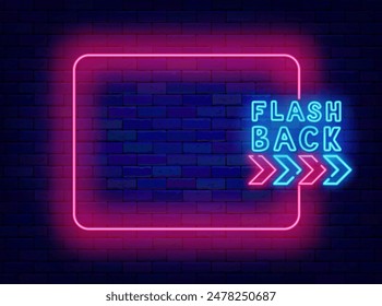 Flash back neon advertising. Vintage retro party design. Dance show. Greeting card. Empty pink frame and typography. Arrow sign. Event banner. Copy space. Editable stroke. Vector stock illustration