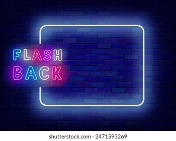 Flash back neon invitation. Vintage retro party design. Dance show. Greeting card. Empty white frame and colorful typography. Event banner. Glowing flyer. Editable stroke. Vector stock illustration