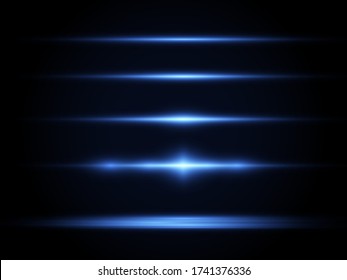 Flash blue horizontal lens flares pack, horizontal light rays, laser beams, beautiful light flare, glow yellow line on transparent background, vector 