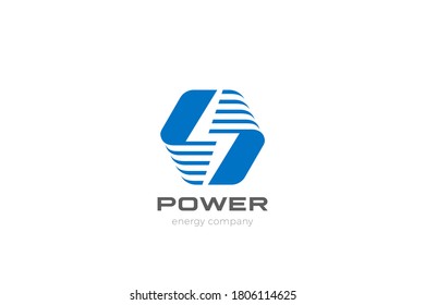 Flash Bolt Energy Logo Power design vector template Negative space style. Hexagon Thunderbolt icon.