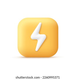 Flash bolt, thunderbolt button. Electric power, energy power, lightning concept. 3d cartoon style minimal vector illustration.