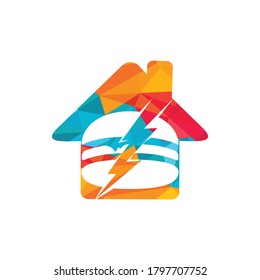 Flash burger vector logo design. Burger with thunderstorm and home icon logo.