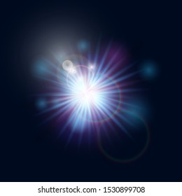 Flash burst of star light with blur and lens flare effect. Shining sun glow. Sparkling light of sun rays on transparent background. Neon blue beam explosion radiance