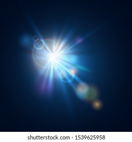 Flash burst of star light with blur and lens flare effect. Shining sun glow. Sparkling light of sun rays on transparent background. Neon blue beam explosion radiance