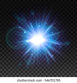 Flash Burst Of Star Light With Blur And Lens Flare Effect. Shining Sun Glow. Sparkling Light Of Sun Rays On Transparent Background. Neon Blue And Purple Beam Explosion Radiance