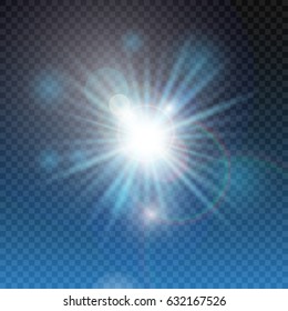 Flash burst of star light with blur and lens flare effect. Shining sun glow. Sparkling light of sun rays on transparent background. Neon blue beam explosion radiance