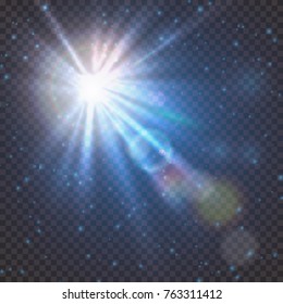 Flash burst of star light with blur and lens flare effect. Shining sun glow. Sparkling light of sun rays on transparent background. Neon blue beam explosion radiance