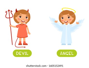 Flash card with child in masquerade outfit vector template. Word card for English learning. Opposites concept, devil and angel. Little girl dressed for costume party flat vector illustration 