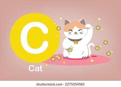 Flash card: the education tools - Alphabet A-Z card C-Cat, a lucky cat doll, a sign of a success, luck and wealth