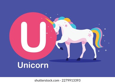 Flash card: the education tools - Alphabet A-Z card U-Unicorn, an imaginary white creature like a horse with a single horn growing from the front of its head