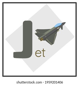 Flash card illustration vector graphic of letter J and illustration of a jet as an example. Really helpful for teaching children the alphabet