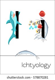 Flash card letter I is for Ichtyology. Science alphabet for kids. Puzzle ABC flash cards series. Cartoon vector illustration in flat style. 