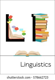 Flash card letter L is for Linguistics. Science alphabet for kids. Puzzle ABC flash cards series. Cartoon vector illustration in flat style. 