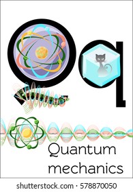 Flash card letter Q is for Quantum Mechanics. Science alphabet for kids. Puzzle ABC flash cards series. Cartoon vector illustration in flat style. 