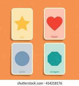 Flash Card for play and Education. Basic geometry shapes - Star, Heart, Circle, Octagon. Vintage design illustration. Easy printable cards. Eps10 vector illustration.