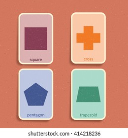 Flash Card For Play And Education. Basic Geometry Shapes - Square, Cross, Pentagon, Trapezoid.. Vintage Design Illustration. Easy Printable Cards. Eps10 Vector Illustration.