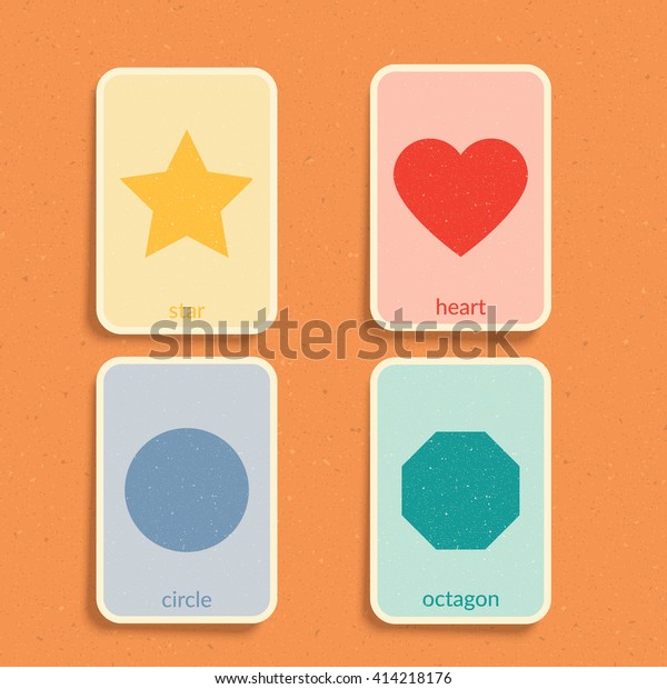 Flash Card for play and
Education. Basic geometry shapes - Star, Heart, Circle, Octagon.
Vintage design illustration. Easy printable cards. Eps10 vector
illustration.