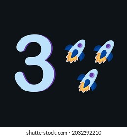 Flash cards with illustration of rockets showing the number three for children. Educational simple game for education