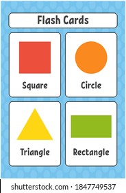 Flash cards. Learning shapes. Education developing worksheet. Activity page for kids. Color game for children. Vector illustration. Cartoon style.