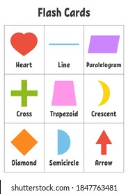 Flash cards. Learning shapes. Education developing worksheet. Activity page for kids. Color game for children. Vector illustration. Cartoon style.