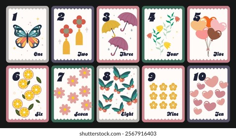 Flash cards numbers 1 to 10 in English for teaching, learn numbers from 0 to 10, printable education for kids