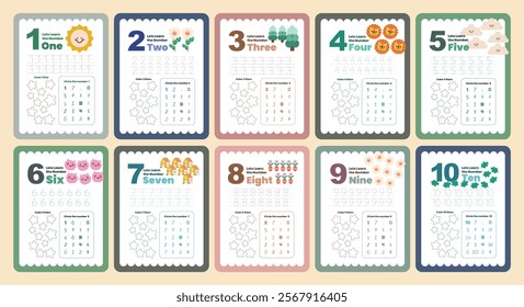 Flash cards numbers 1 to 10 in English for teaching, learn numbers from 0 to 10, printable education for kids