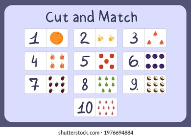 Flash cards with numbers for kids, set 1. Cut and match pictures with numbers and fruits. Illustration for educational math game design. Printable worksheet. Cartoon vector template.