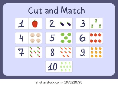 Flash cards with numbers for kids, set 3. Cut and match pictures with numbers and fruits. Illustration for educational math game design. Printable worksheet. Cartoon vector template.