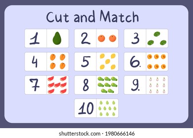 Flash cards with numbers for kids, set 6. Cut and match pictures with numbers and fruits. Illustration for educational math game design. Printable worksheet. Cartoon vector template.