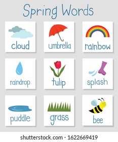 Flash cards for Spring weather related vocabulary. Learn outdoor words like cloud, umbrella, rainbow, raindrop, tulip, splash, puddle, grass, bee. Use for kids, esl, English, teaching, learning