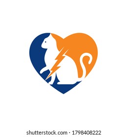 Flash cat vector logo design. Cat and thunderstorm with heart icon logo.