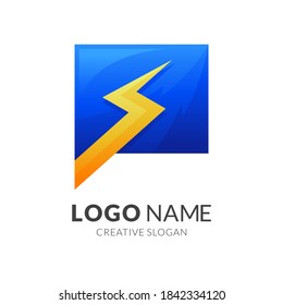 logotipo de chat flash, chat y trueno, logotipo combinado con estilo de color azul y amarillo 3d