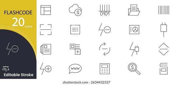 Flash code related linear icon set. Online, barcode, payment, details, code and scan outline icon collection. Editable stroke.