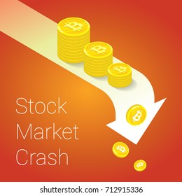 Flash Crash. Bitcoin Price Plummets bitcoin website banner. Vector illustration concept for business success, financial results, banking, earnings growth and revenue, stock market. Orange background.