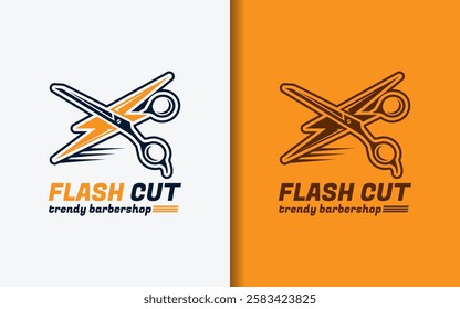 Flash Cut Trendy Barbershop Logo Design. Edgy Barber hair scissors combined with lightning elements. Minimalist Stylish Vector Logo icon Design.