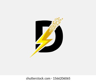 Flash D Letter Logo Icon, Electrical Bolt With Circuit Line Shape and Initial D Letter Logo Design.