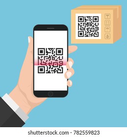 Flash Design with long shadow Hand holding the smart phone with  QR code  on screen. The concept is QR code Scan on Smart Phone ,vector design Element illustration