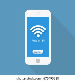 Flash Design with long shadow the smart phone with WI-FI logo  on screen. The concept is Free WI-FI Scan on Smart Phone ,vector design Element illustration