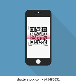 Flash Design with long shadow the smart phone with  QR code  on screen. The concept is QR code Scan on Smart Phone ,vector design Element illustration